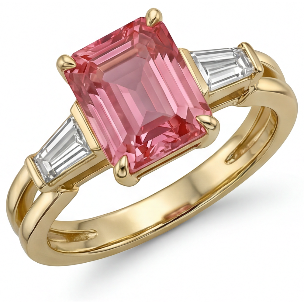 Pfirsich-Saphir-Ring, 2,9 Karat, echter Padparadscha im Smaragdschliff und weiße Baguettes, Dreistein-Ring, 14 Karat Gelbgold