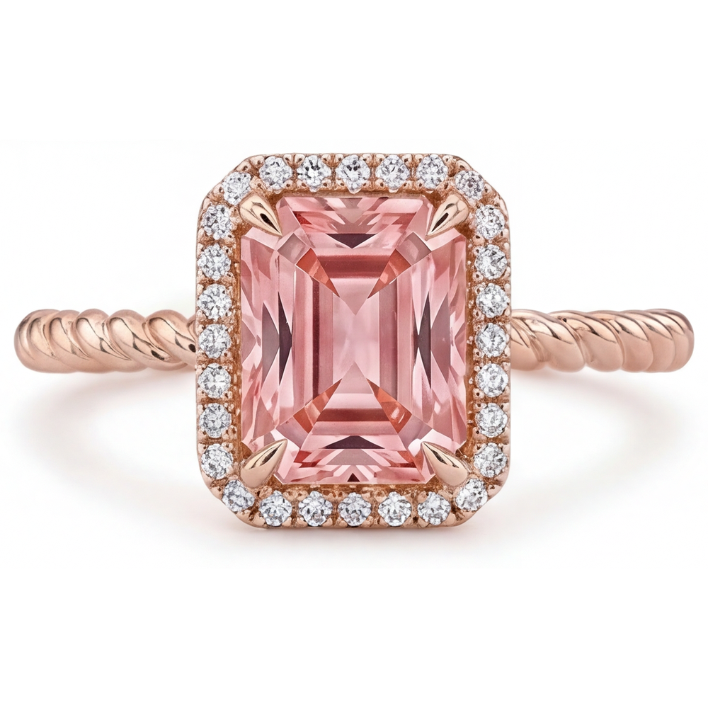 Oranger Padparadscha-Saphir-Ring, 2,5 Karat, Halo aus echten Smaragden, 14 Karat Roségold