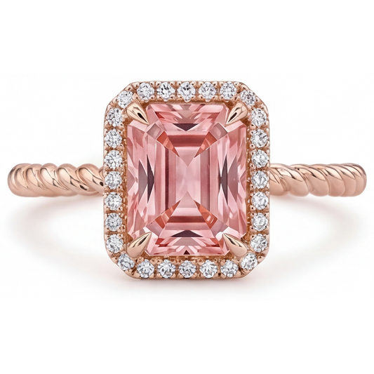 Oranger Padparadscha-Saphir-Ring, 2,5 Karat, Halo aus echten Smaragden, 14 Karat Roségold