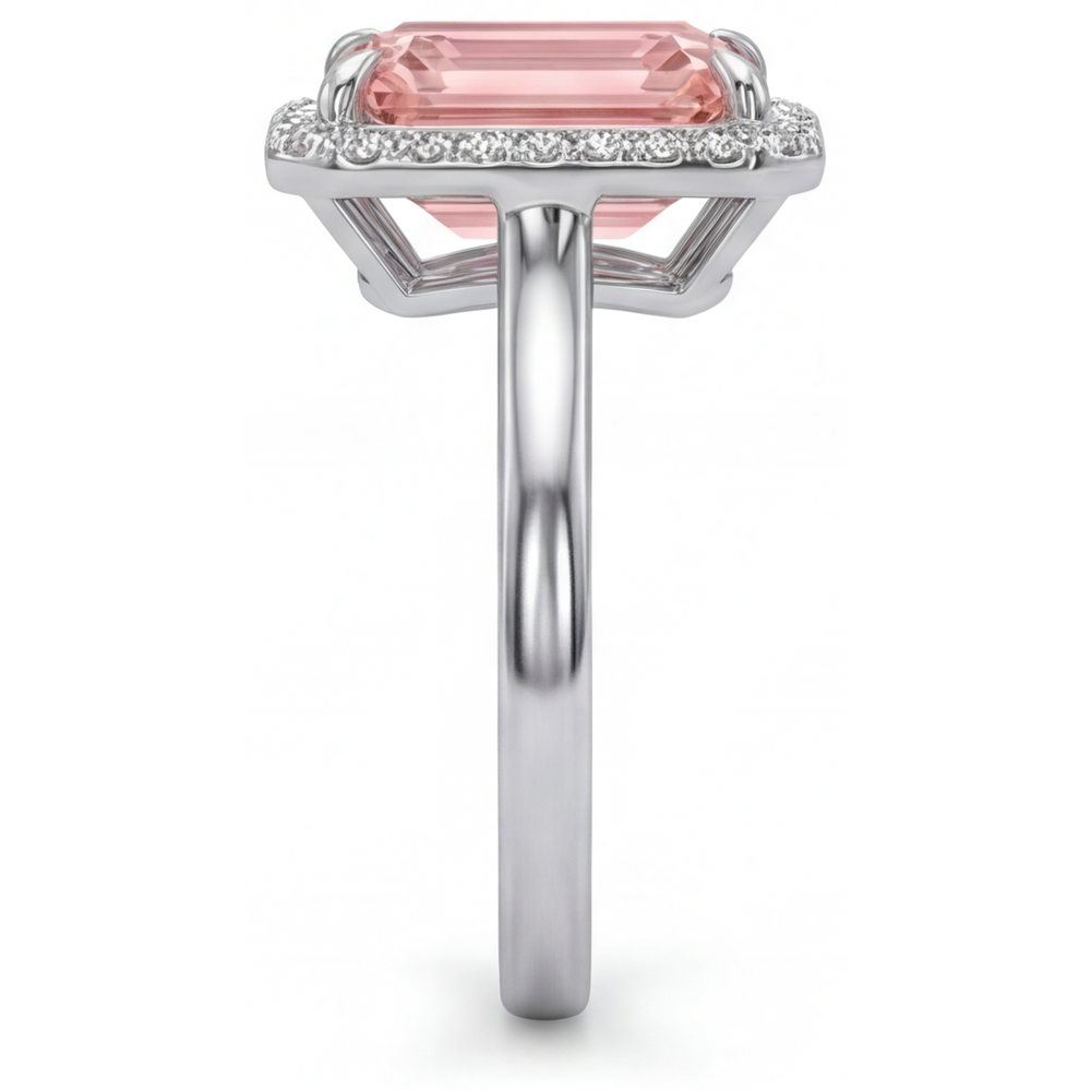 Verlobungsring mit pfirsichfarbenem Saphir, 2,8 Karat, echter Smaragd, Padparadscha-Halo, 14 Karat Weißgold