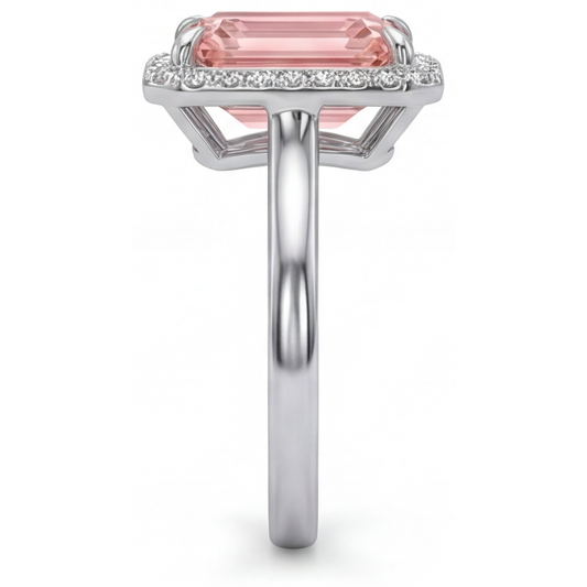 Verlobungsring mit pfirsichfarbenem Saphir, 2,8 Karat, echter Smaragd, Padparadscha-Halo, 14 Karat Weißgold