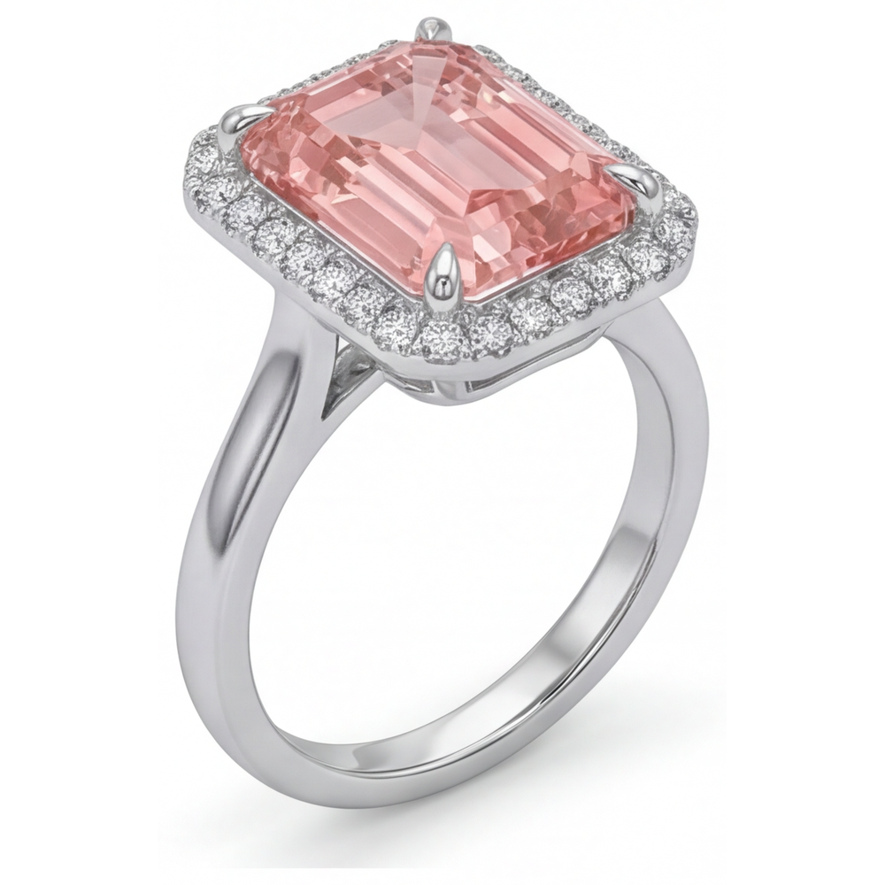 Pfirsichfarbener Saphir Verlobungsring 2,8 Karat Echter Smaragd Padparadscha Halo 14 Karat Weißgold
