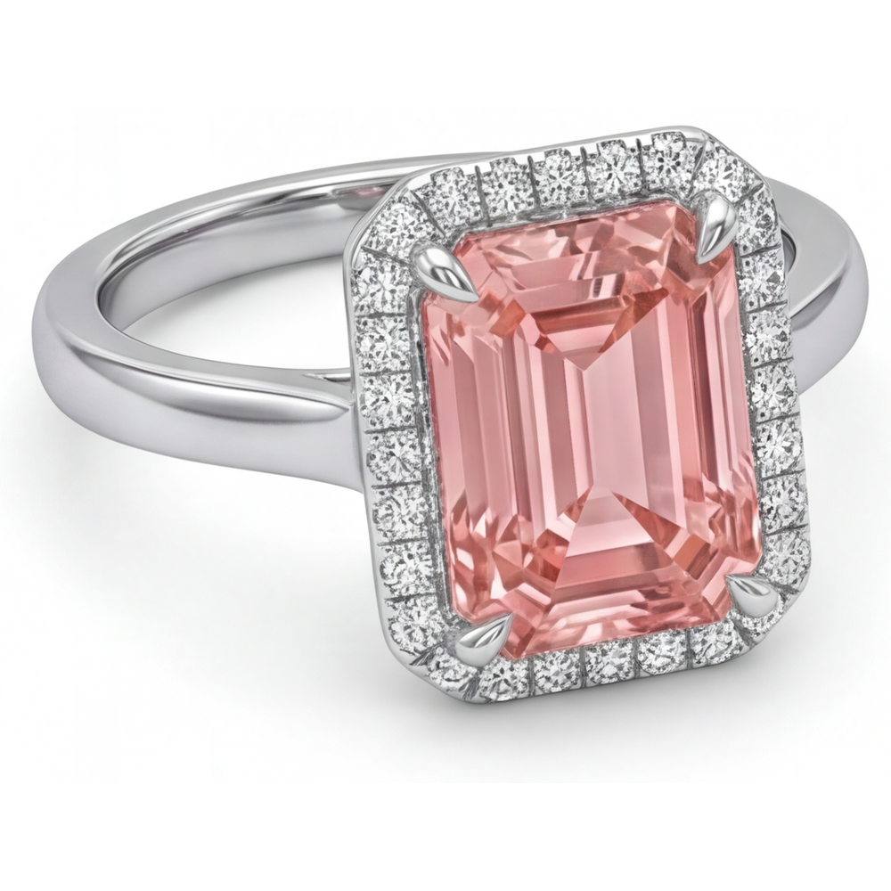 Verlobungsring mit pfirsichfarbenem Saphir, 2,8 Karat, echter Smaragd, Padparadscha-Halo, 14 Karat Weißgold