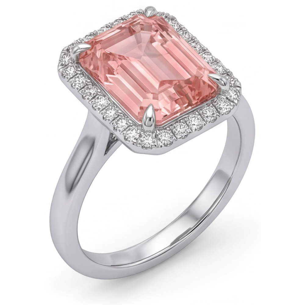 Pfirsichfarbener Saphir Verlobungsring 2,8 Karat Echter Smaragd Padparadscha Halo 14 Karat Weißgold