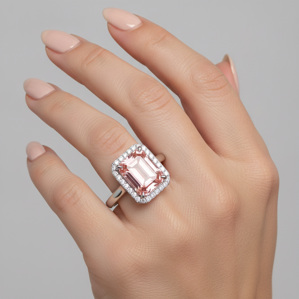 Pfirsichfarbener Saphir Verlobungsring 2,8 Karat Echter Smaragd Padparadscha Halo 14 Karat Weißgold