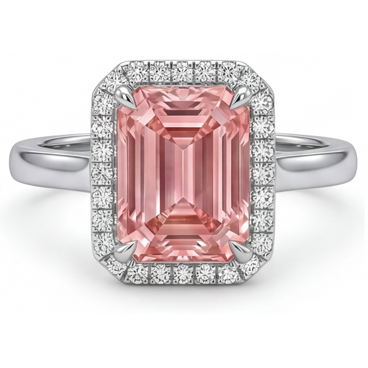 Verlobungsring mit pfirsichfarbenem Saphir, 2,8 Karat, echter Smaragd, Padparadscha-Halo, 14 Karat Weißgold