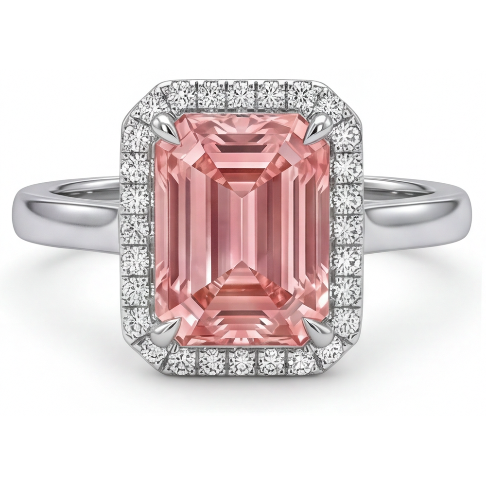 Pfirsichfarbener Saphir Verlobungsring 2,8 Karat Echter Smaragd Padparadscha Halo 14 Karat Weißgold