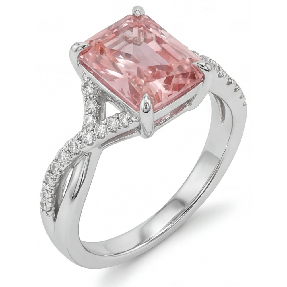 Pavé-Ring aus 14 Karat Weißgold mit echtem pfirsichfarbenem Padparadscha-Saphir im Smaragdschliff, 2,8 Karat