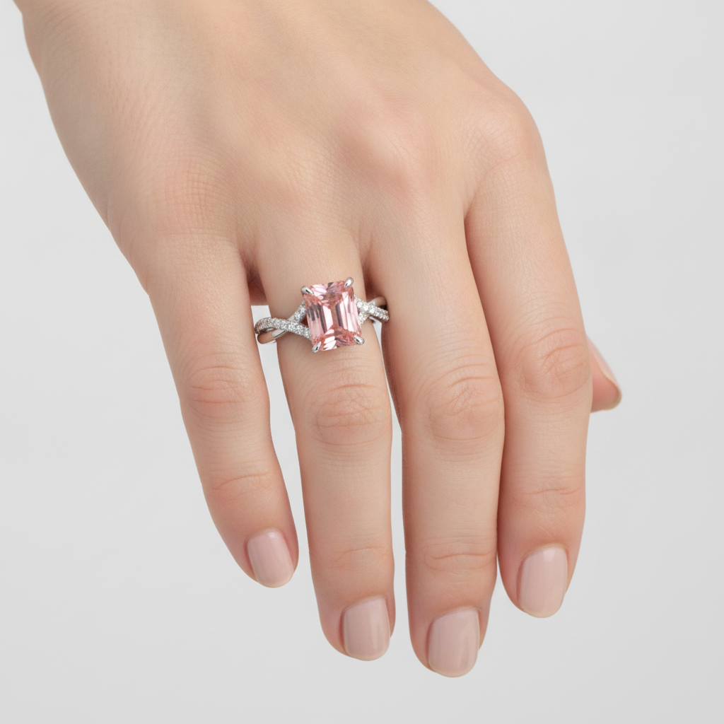 Pavé-Ring aus 14 Karat Weißgold mit echtem pfirsichfarbenem Padparadscha-Saphir im Smaragdschliff, 2,8 Karat