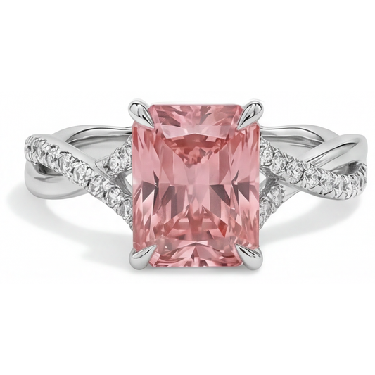 Pavé-Ring aus 14 Karat Weißgold mit 2,8 Karat Pfirsich-Padparadscha-Saphir und echtem Smaragd