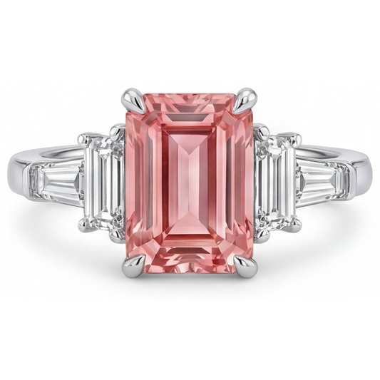 Padparadscha-Saphir Verlobungsring 3,9 Karat, echter Smaragd und weiße Baguettes, Drei-Stein-Kathedralfassung, 14 Karat Gold