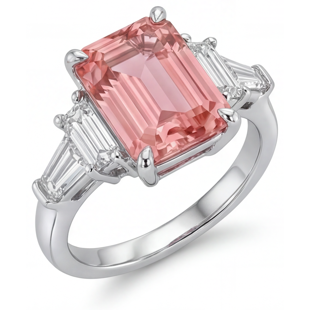 Padparadscha-Saphir Verlobungsring 3,9 Karat, echter Smaragd und weiße Baguettes, Drei-Stein-Kathedralfassung, 14 Karat Gold