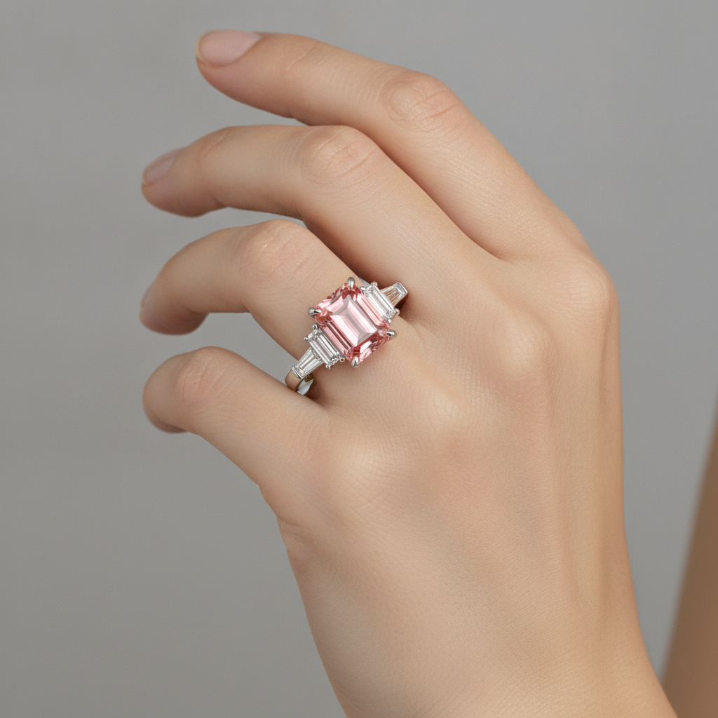 Padparadscha-Saphir Verlobungsring 3,9 Karat, echter Smaragd und weiße Baguettes, Drei-Stein-Kathedralfassung, 14 Karat Gold