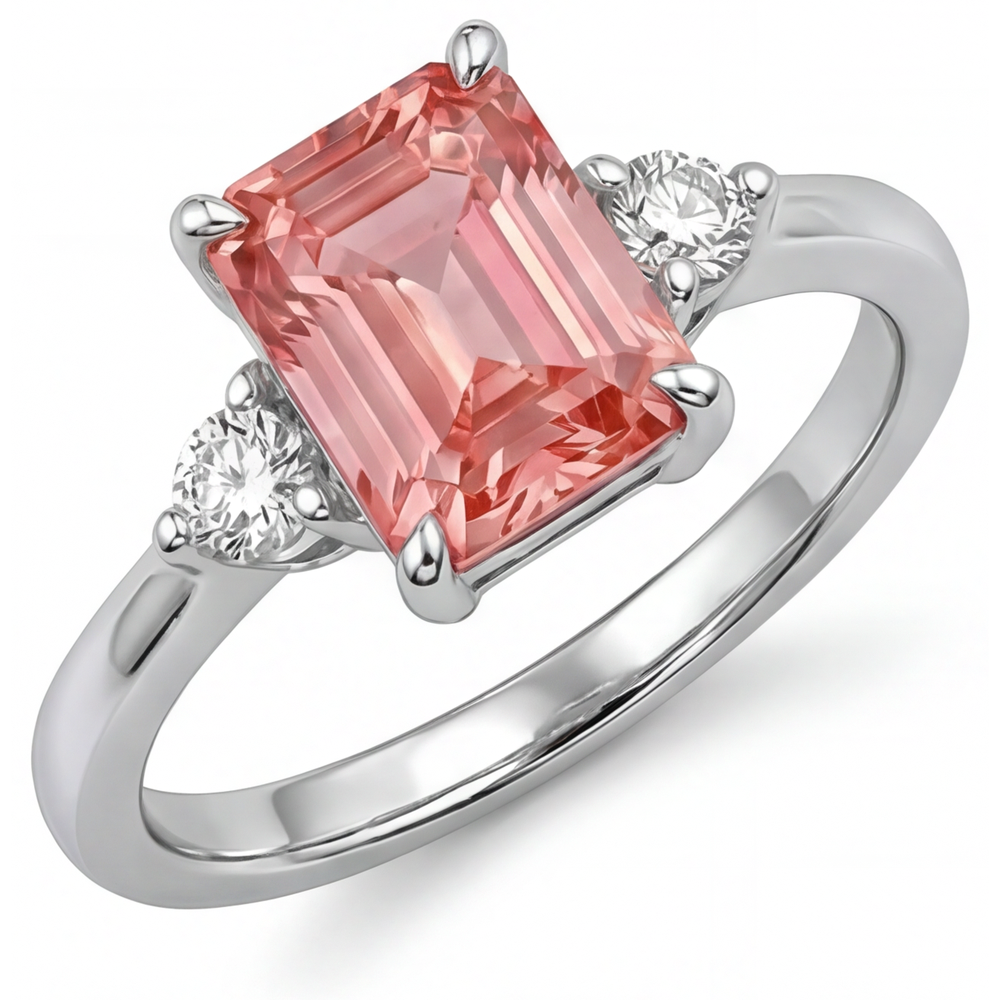 Echter Drei-Steine-Ring mit Padparadscha-Saphir im Smaragdschliff, 2,9 Karat, 14 Karat Weißgold