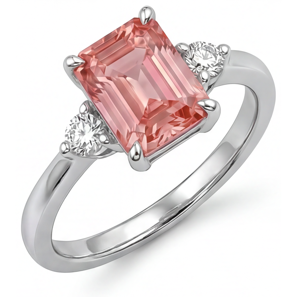 Echter Drei-Steine-Ring mit Padparadscha-Saphir im Smaragdschliff, 2,9 Karat, 14 Karat Weißgold
