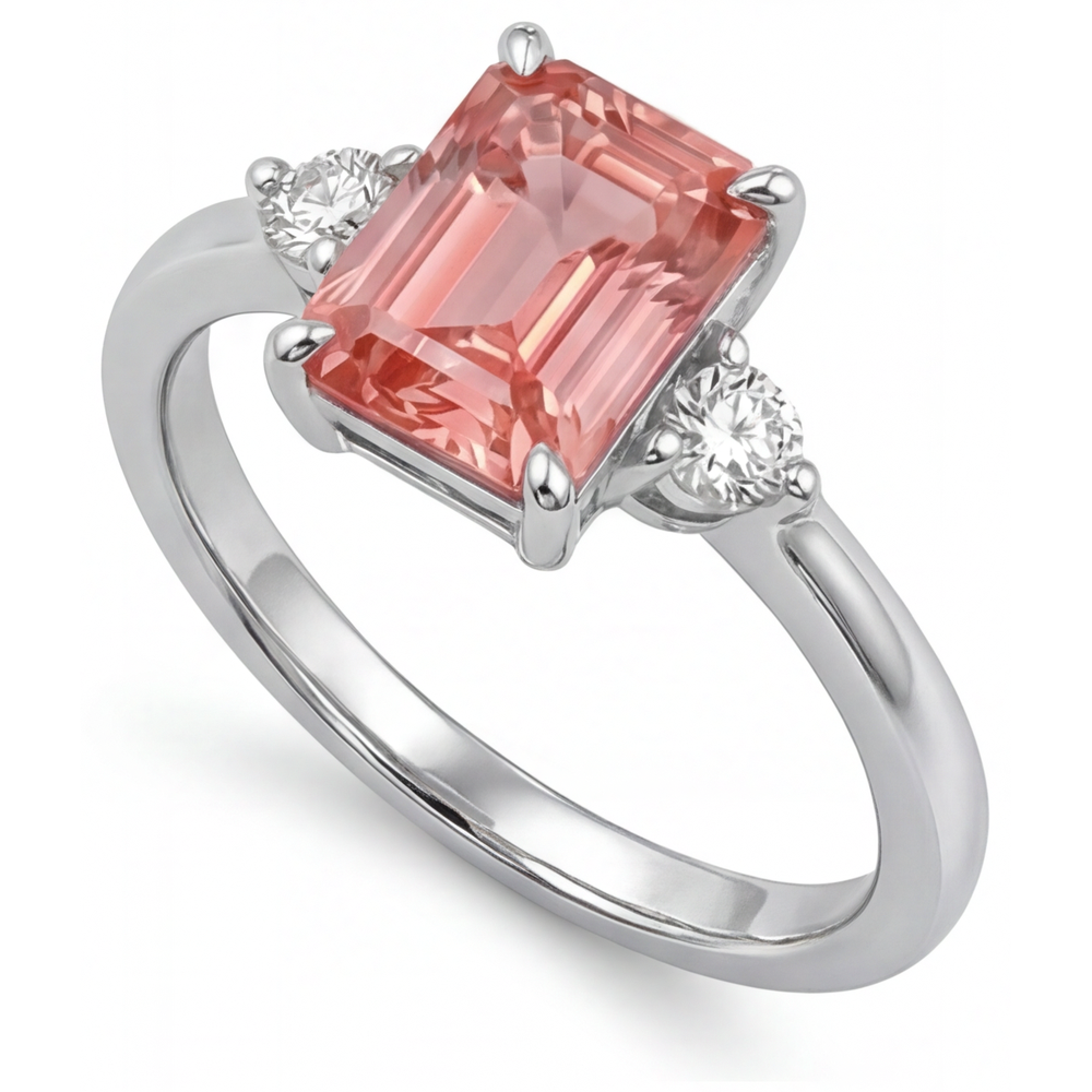 Echter Drei-Steine-Ring mit Padparadscha-Saphir im Smaragdschliff, 2,9 Karat, 14 Karat Weißgold