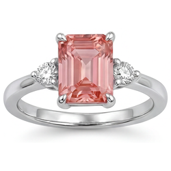 Echter Drei-Steine-Ring mit Padparadscha-Saphir im Smaragdschliff, 2,9 Karat, 14 Karat Weißgold
