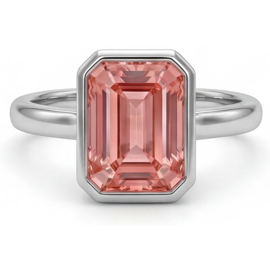Pfirsich-Padparadscha-Saphir 2,5 Karat Natürlicher Smaragdschliff Solitärring mit Lünette 14 Karat Weißgold