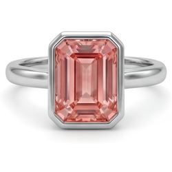 Pfirsichfarbener Saphir, 2,5 Karat, natürlicher Padparadscha im Smaragdschliff, Solitärring mit Lünette, 14 Karat Weißgold