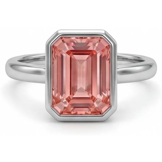 Pfirsichfarbener Saphir, 2,5 Karat, natürlicher Padparadscha im Smaragdschliff, Solitärring mit Lünette, 14 Karat Weißgold
