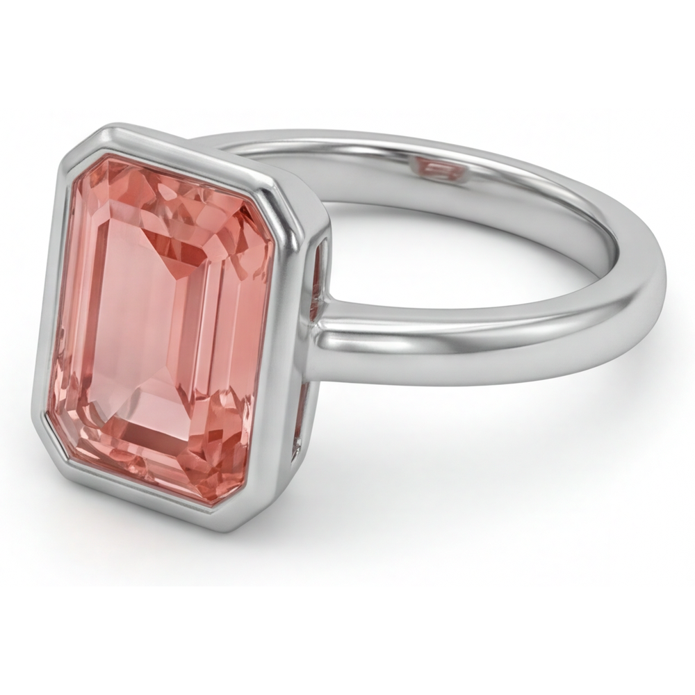 Pfirsichfarbener Saphir, 2,5 Karat, natürlicher Padparadscha im Smaragdschliff, Solitärring mit Lünette, 14 Karat Weißgold