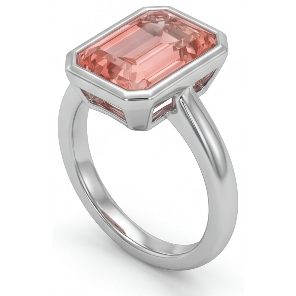 Solitärring mit Lünette aus 14 Karat Weißgold mit natürlichem pfirsichfarbenem Padparadscha-Saphir im Smaragdschliff (2,5 Karat)