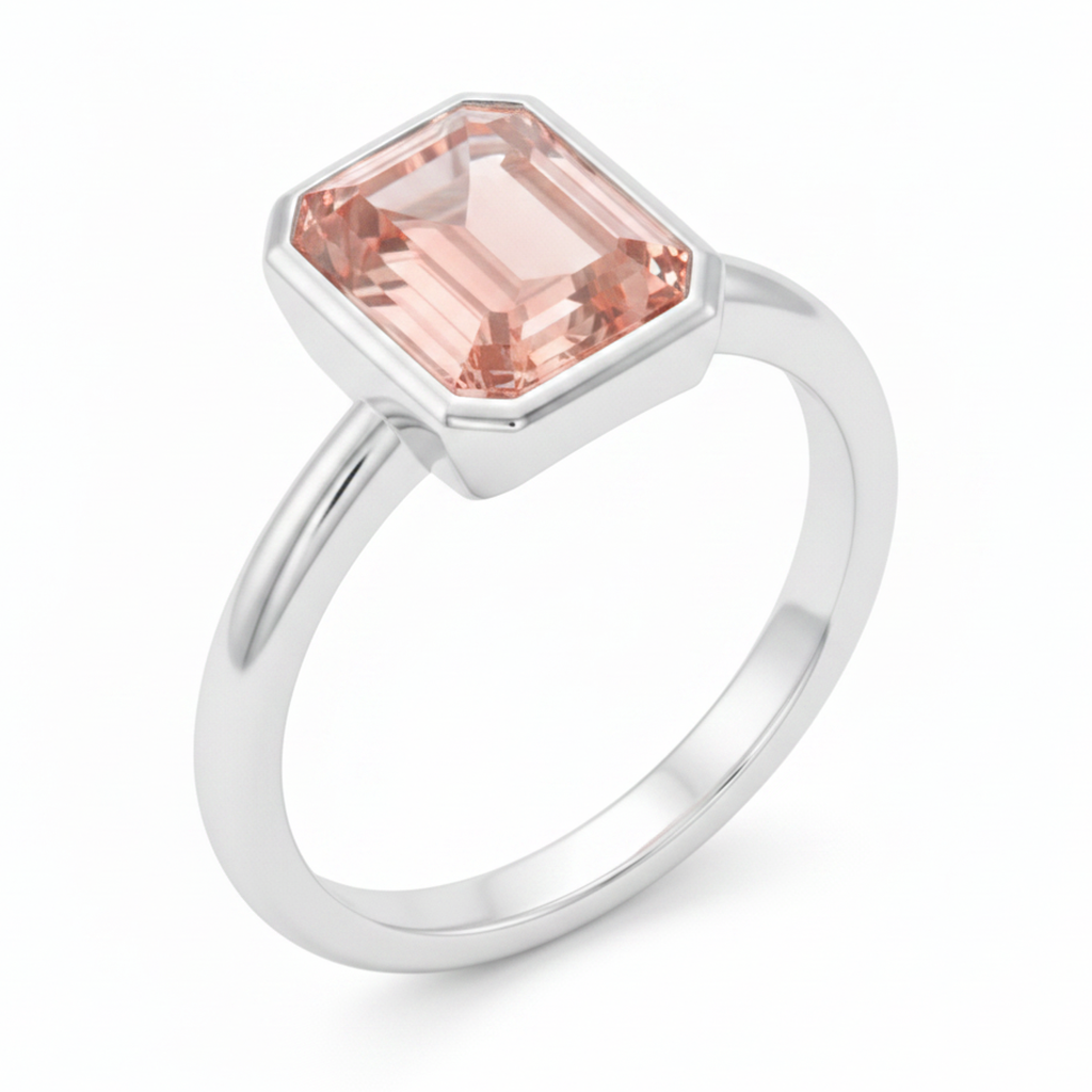 Pfirsichfarbener Saphir, 2,5 Karat, echter Padparadscha im Smaragdschliff, Solitärring mit Lünette, 14 Karat Weißgold