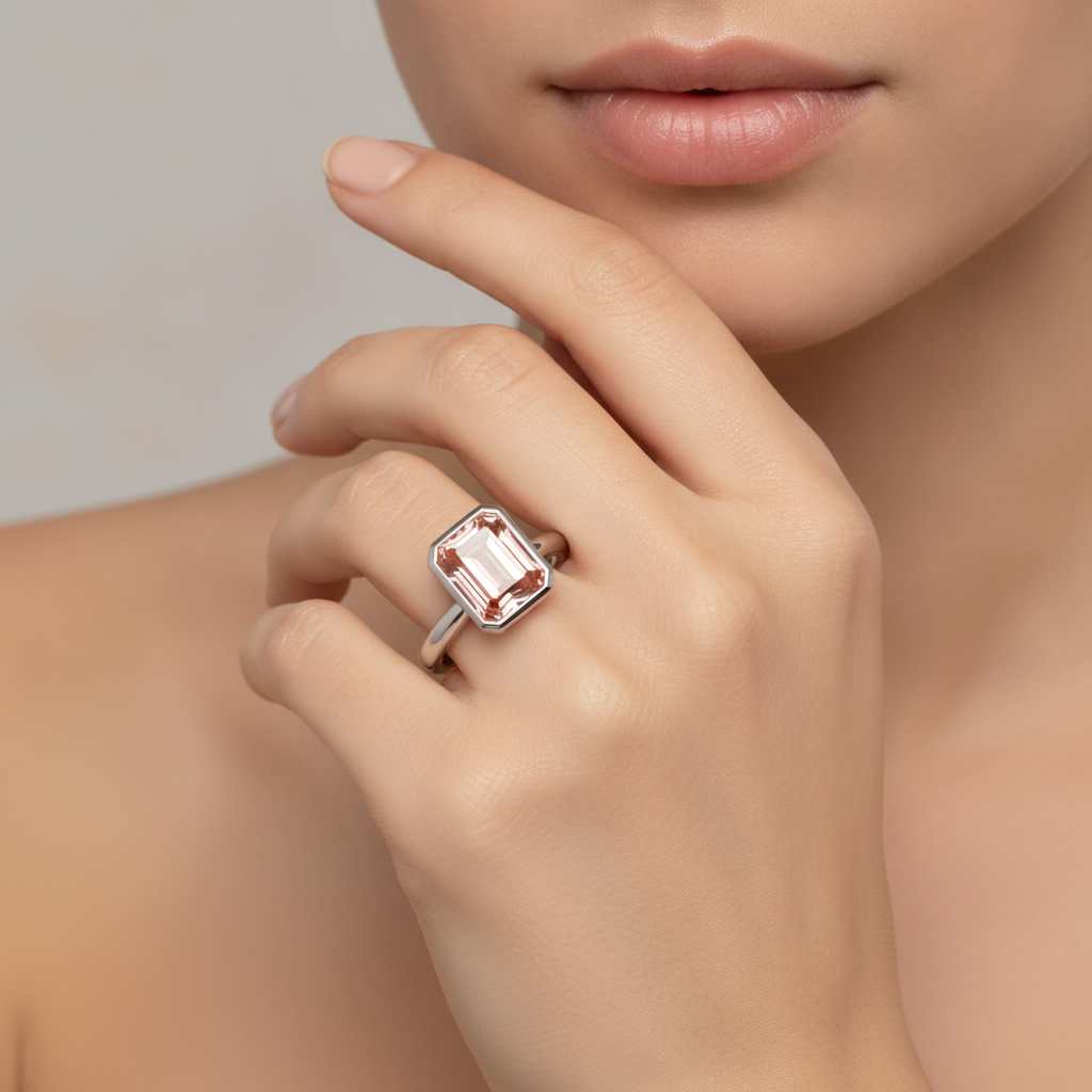 Echter pfirsichfarbener Padparadscha-Saphir, 2,5 Karat, Smaragdschliff, Solitärring mit Lünette, 14 Karat Weißgold