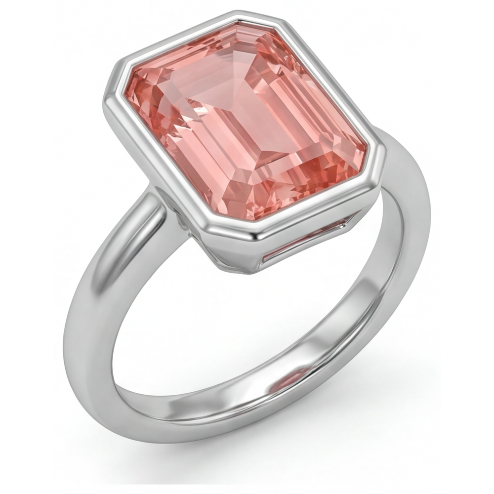Pfirsichfarbener Saphir, 2,5 Karat, natürlicher Padparadscha im Smaragdschliff, Solitärring mit Lünette, 14 Karat Weißgold