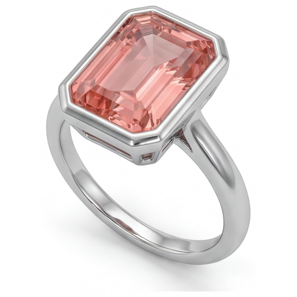 Pfirsich-Saphir 2,5 Karat Natürlicher Padparadscha im Smaragdschliff Solitärring mit Lünette 14 Karat Weißgold