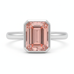 Echter pfirsichfarbener Padparadscha-Saphir, 2,5 Karat, Smaragdschliff, Solitärring mit Lünette, 14 Karat Weißgold