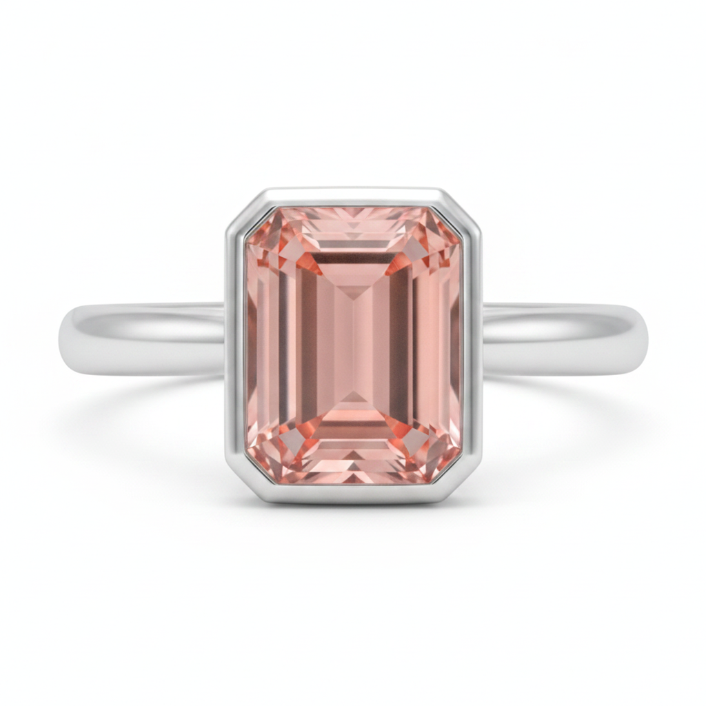 Pfirsichfarbener Saphir, 2,5 Karat, echter Padparadscha im Smaragdschliff, Solitärring mit Lünette, 14 Karat Weißgold