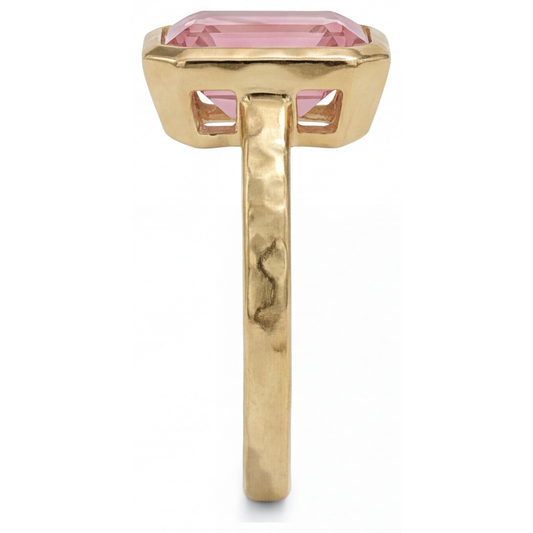 Pfirsichfarbener Padparadscha-Saphir, 3 Karat, natürlicher Smaragdschliff, Solitärring mit Lünette aus 14 Karat Gelbgold