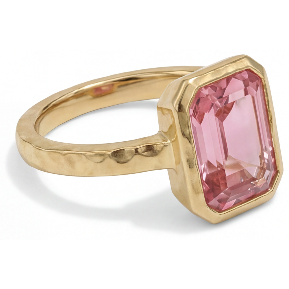 Pfirsichfarbener Padparadscha-Saphir, 3 Karat, natürlicher Smaragdschliff, Solitärring mit Lünette aus 14 Karat Gelbgold