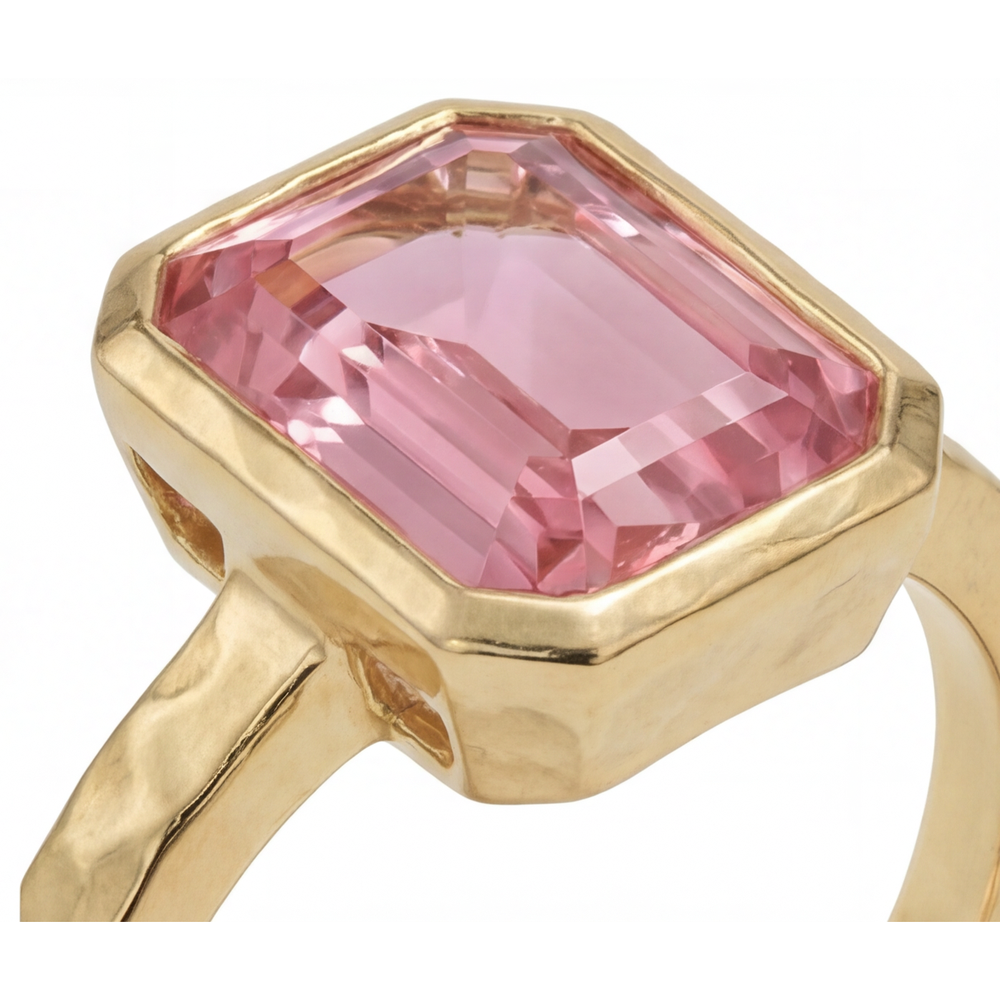 Pfirsichfarbener Padparadscha-Saphir, 3 Karat, natürlicher Smaragdschliff, Solitärring mit Lünette aus 14 Karat Gelbgold