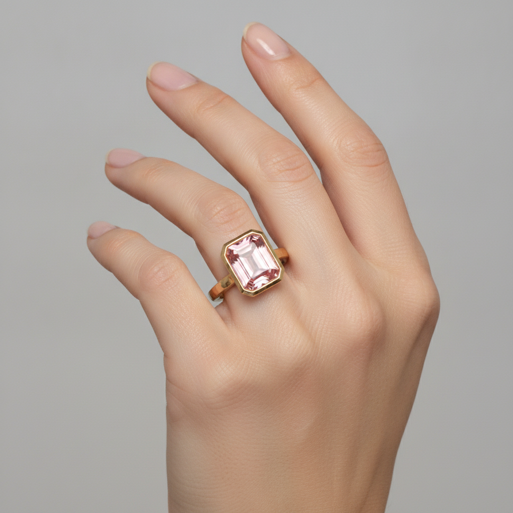 Pfirsichfarbener Padparadscha-Saphir, 3 Karat, natürlicher Smaragdschliff, Solitärring mit Lünette aus 14 Karat Gelbgold