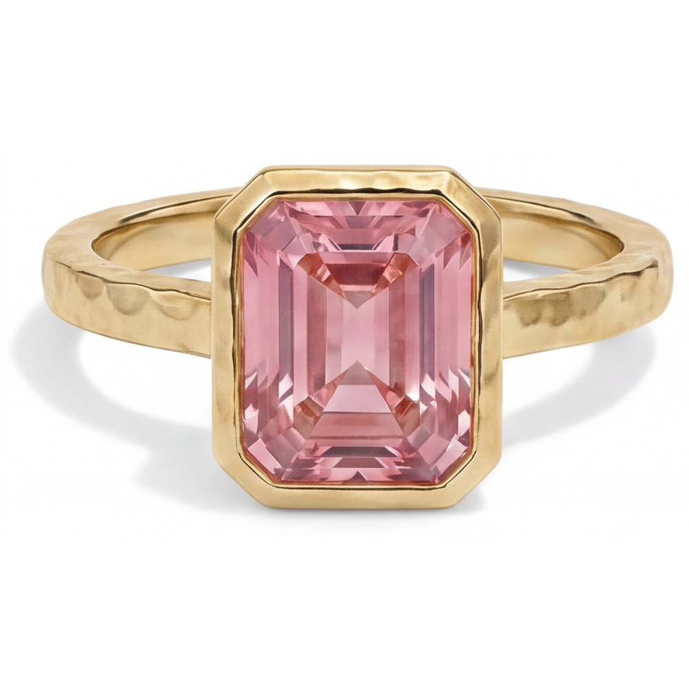 Pfirsichfarbener Padparadscha-Saphir, 3 Karat, natürlicher Smaragdschliff, Solitärring mit Lünette aus 14 Karat Gelbgold