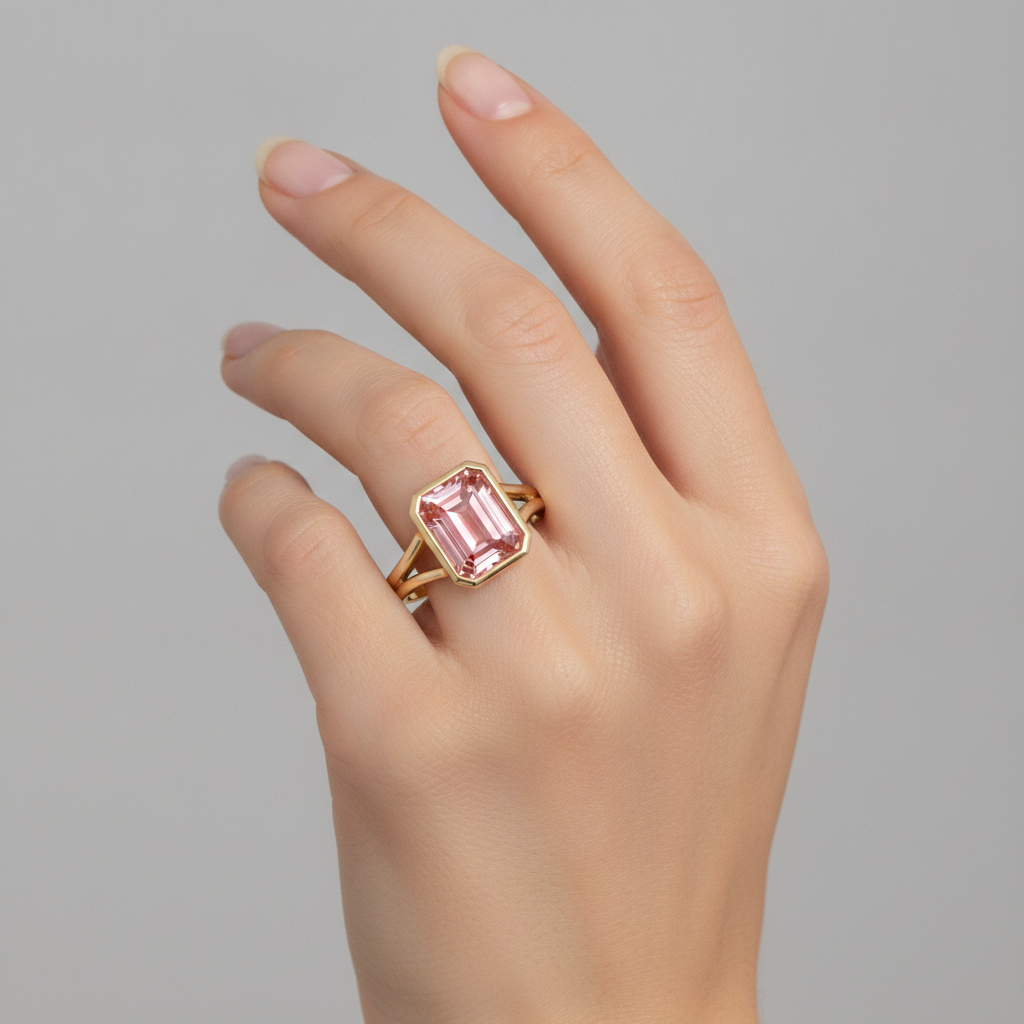 Ring aus 14 Karat Gelbgold mit natürlichem Padparadscha-Pfirsichsaphir im Smaragdschliff, 3 Karat, Lünette und geteilter Ringschiene