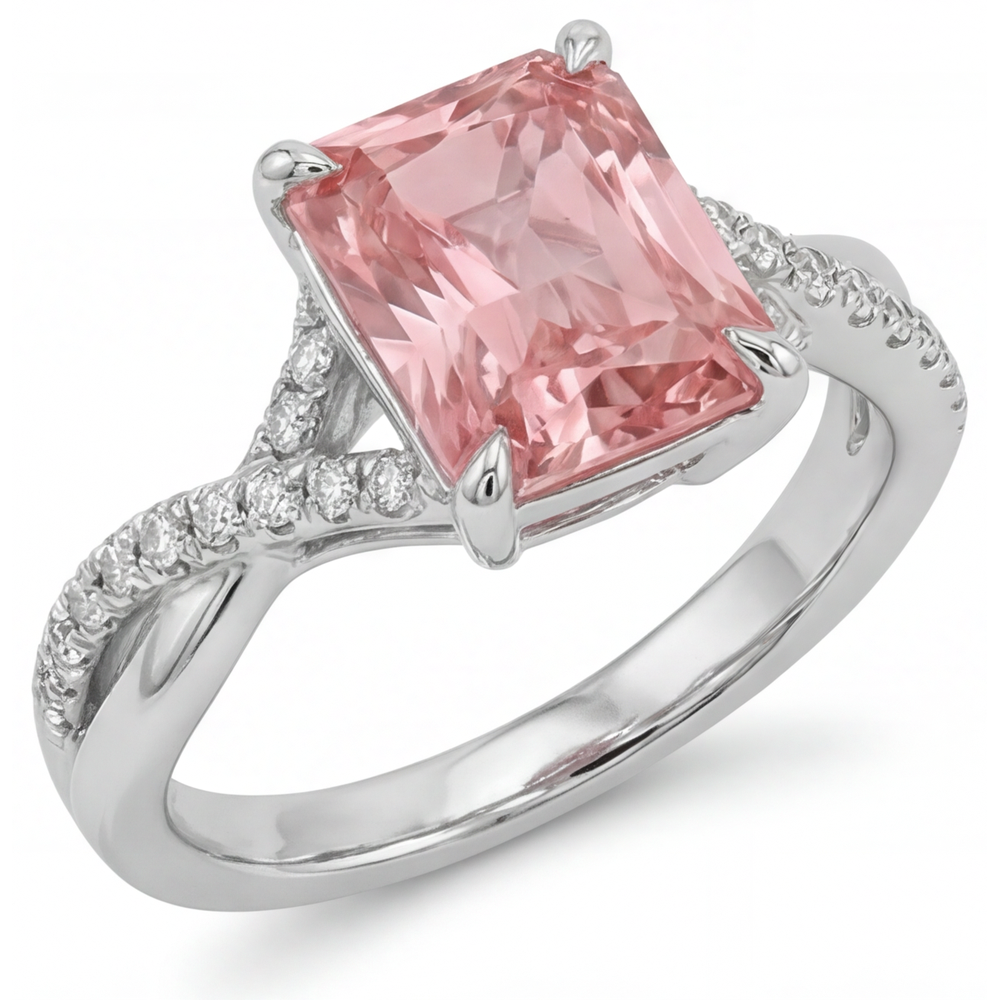 Bypass-Ring aus 14 Karat Weißgold mit pfirsichfarbenem Padparadscha-Saphir (3,3 Karat) und echtem Smaragd