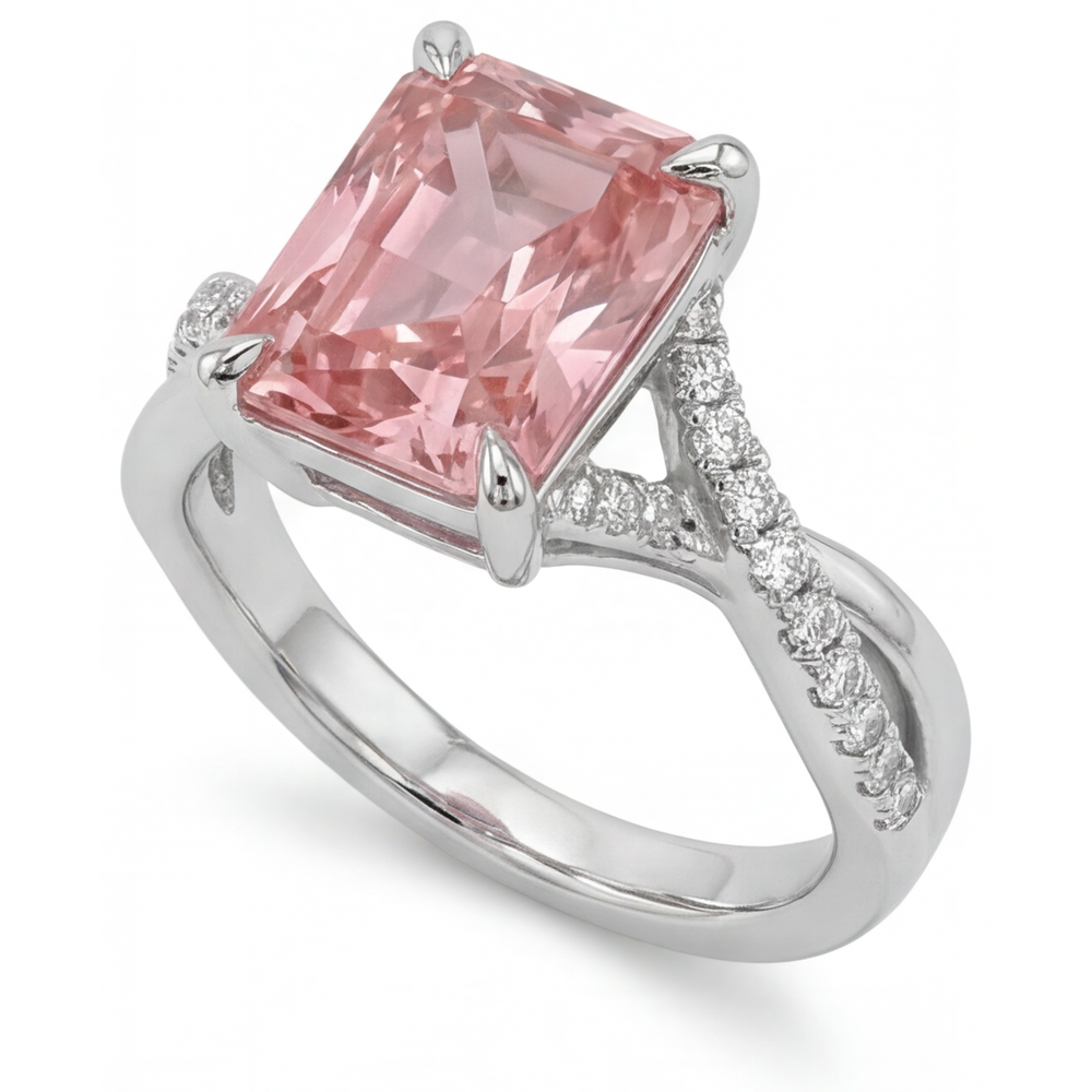 Bypass-Ring aus 14 Karat Weißgold mit pfirsichfarbenem Padparadscha-Saphir (3,3 Karat) und echtem Smaragd