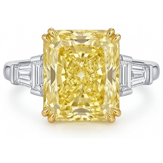 Fancy Gelber Diamant Radiant Drei-Stein-Ring in Bicolor 14K Gold – Hauptansicht