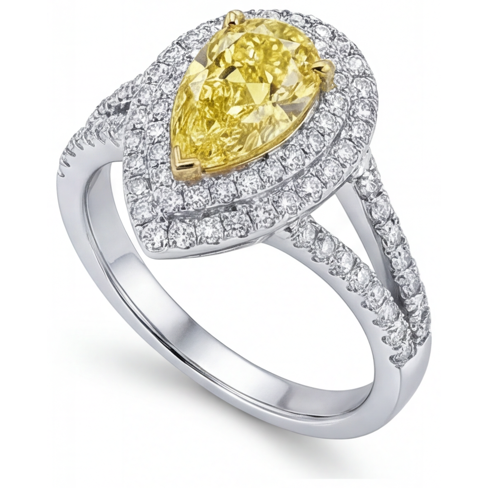 Stilvoller Fancy Gelber Diamant Halo-Ring 1,50 Karat – Schrägansicht