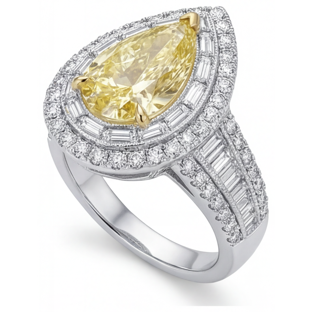 Erdgewonnener Fancy Gelber Diamant Halo-Ring 3,50 Karat 14 Karat Zweifarbig Gold – Schrägansicht
