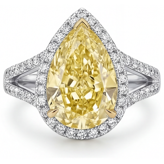 Authentischer Fancy Gelber Diamant Halo-Verlobungsring 3 Karat 14 Karat Zweifarbig Gold – Frontansicht