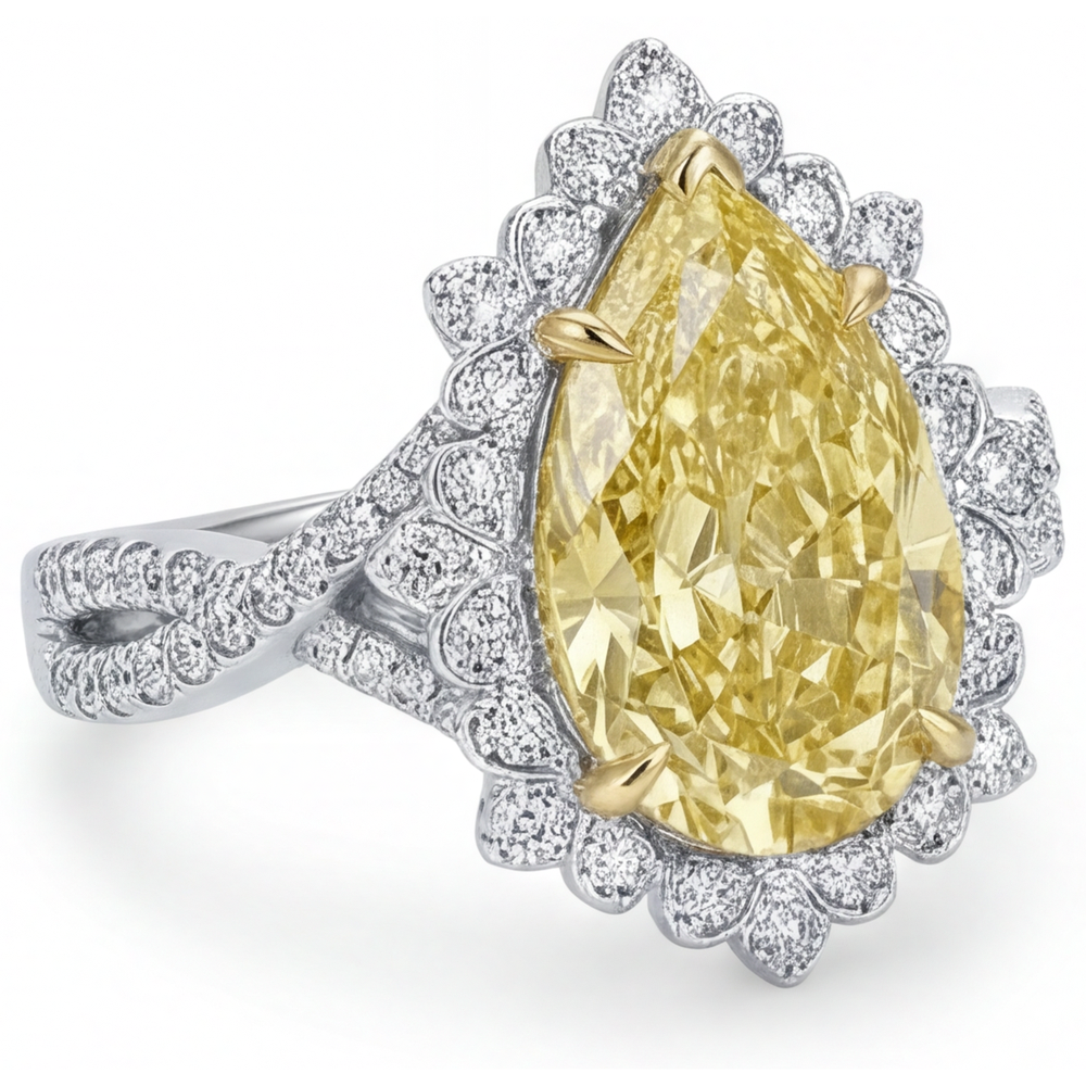 Echter Fancy Gelber Diamant Halo-Verlobungsring 3 Karat Bicolor 14K Gold – Seitenansicht