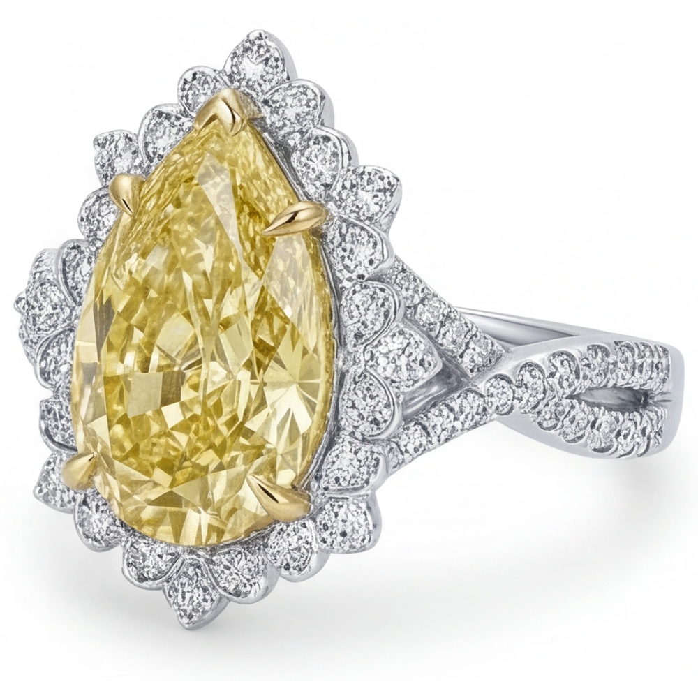 Eleganter Fancy Gelber Diamant Halo-Verlobungsring 3 Karat – Schrägansicht