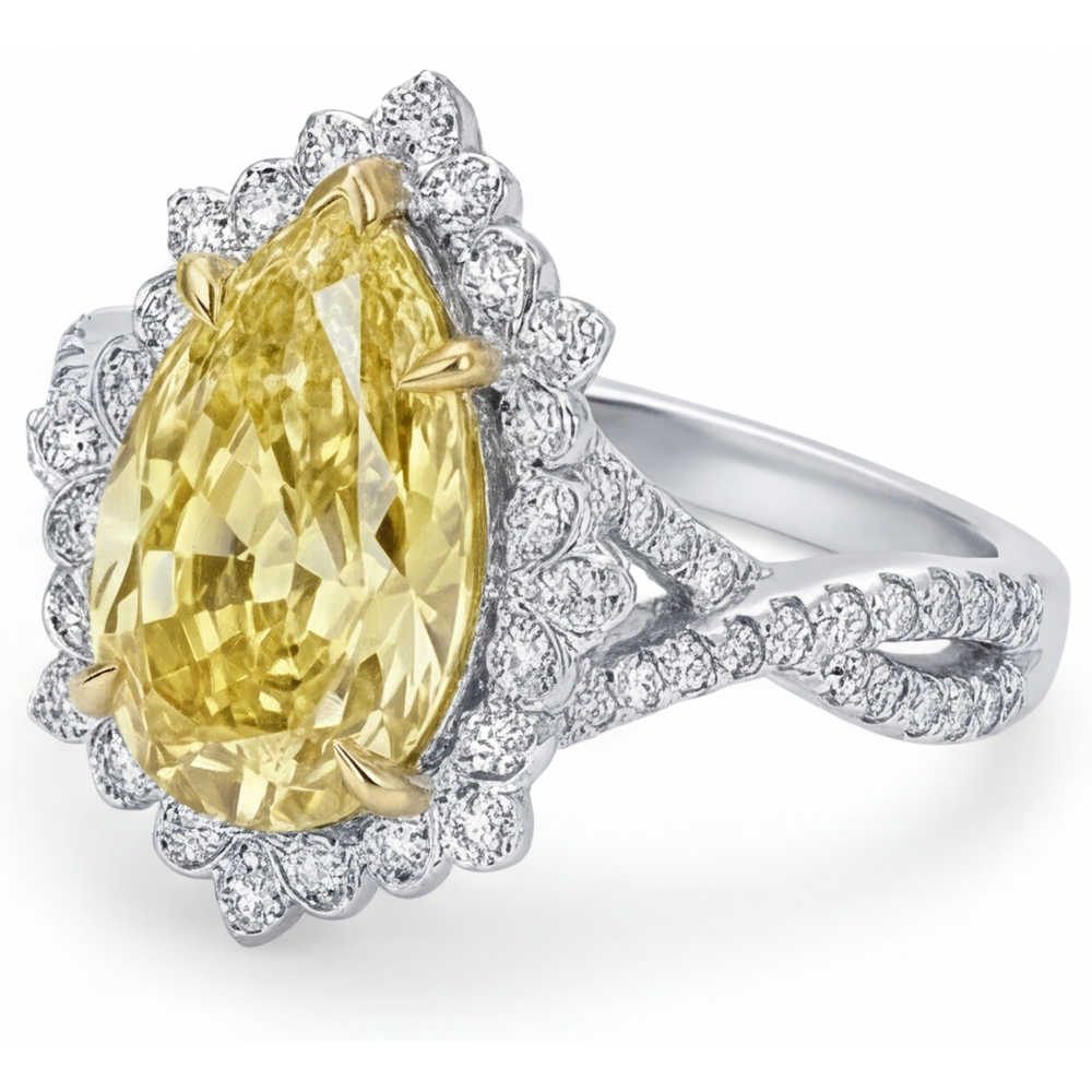 Eleganter Fancy Gelber Diamant Halo-Verlobungsring 3 Karat – Profilansicht