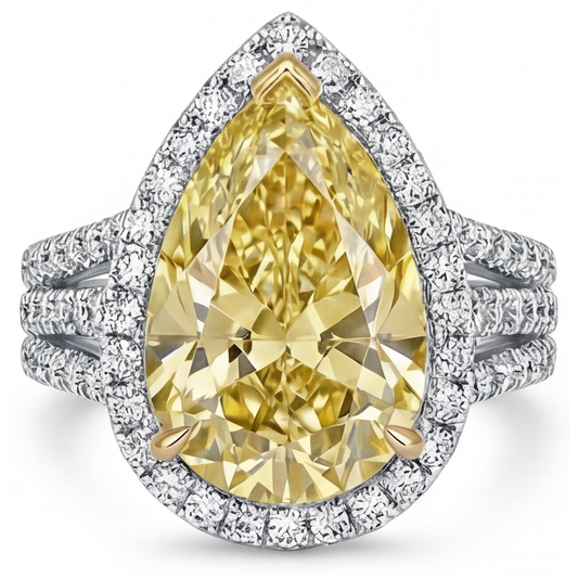 Tropfen-Schliff Fancy Gelber Diamant Ring in 14 Karat Zweifarbig Gold – Frontansicht