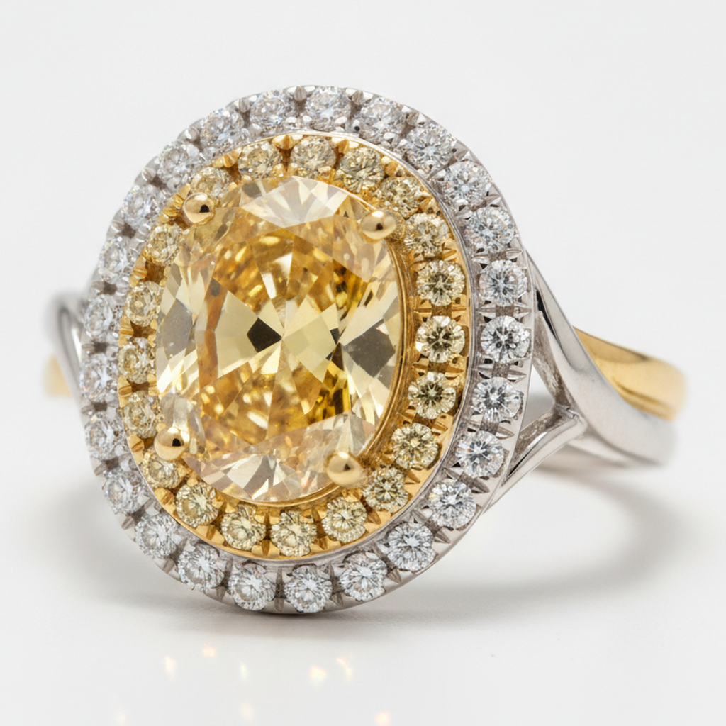 Verlobungsring mit gelbem Edelstein 1,01 Karat echter ovaler Fancy-Intense-Diamant Doppel-Halo 18 Karat Gold