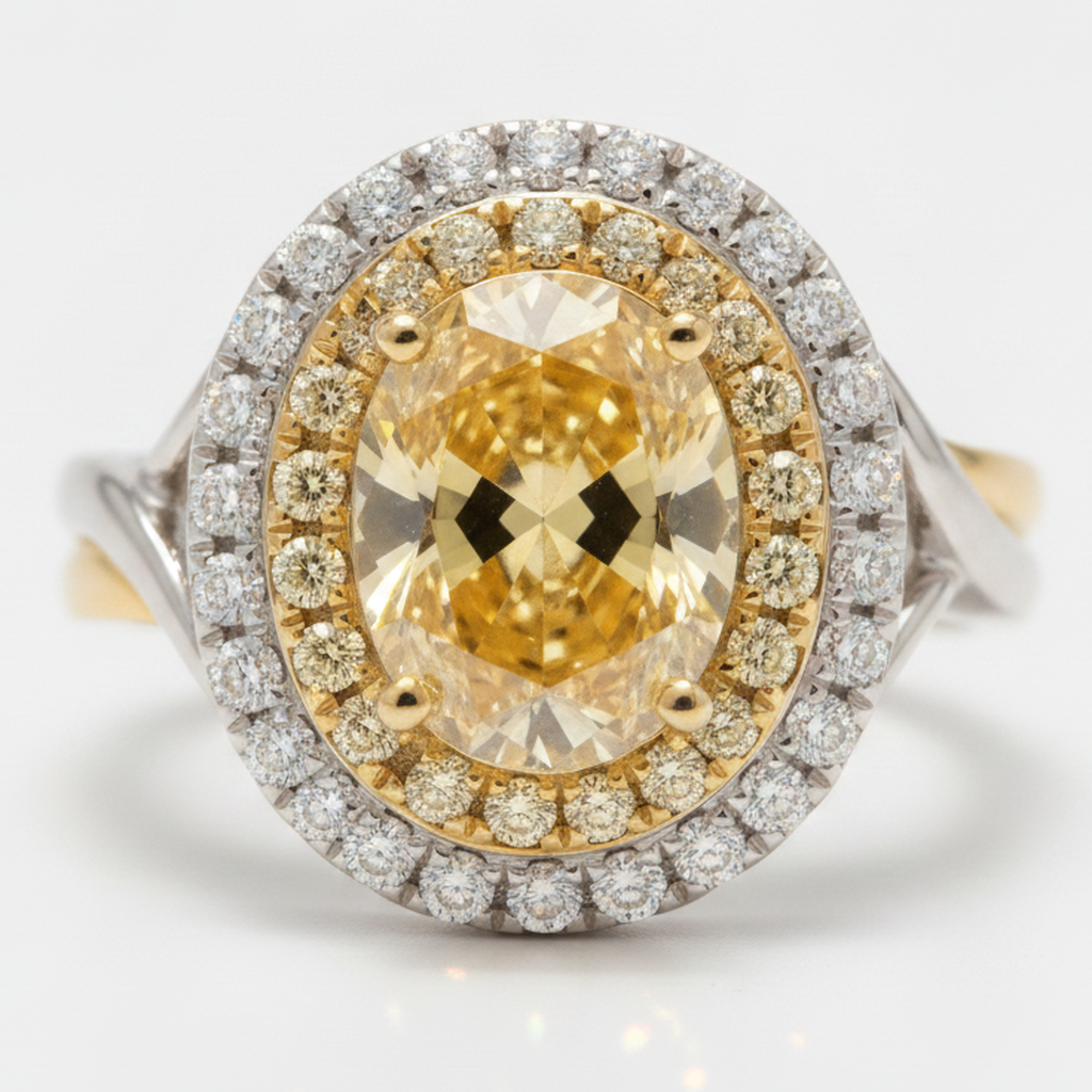 Verlobungsring mit gelbem Edelstein 1,01 Karat echter ovaler Fancy-Intense-Diamant Doppel-Halo 18 Karat Gold